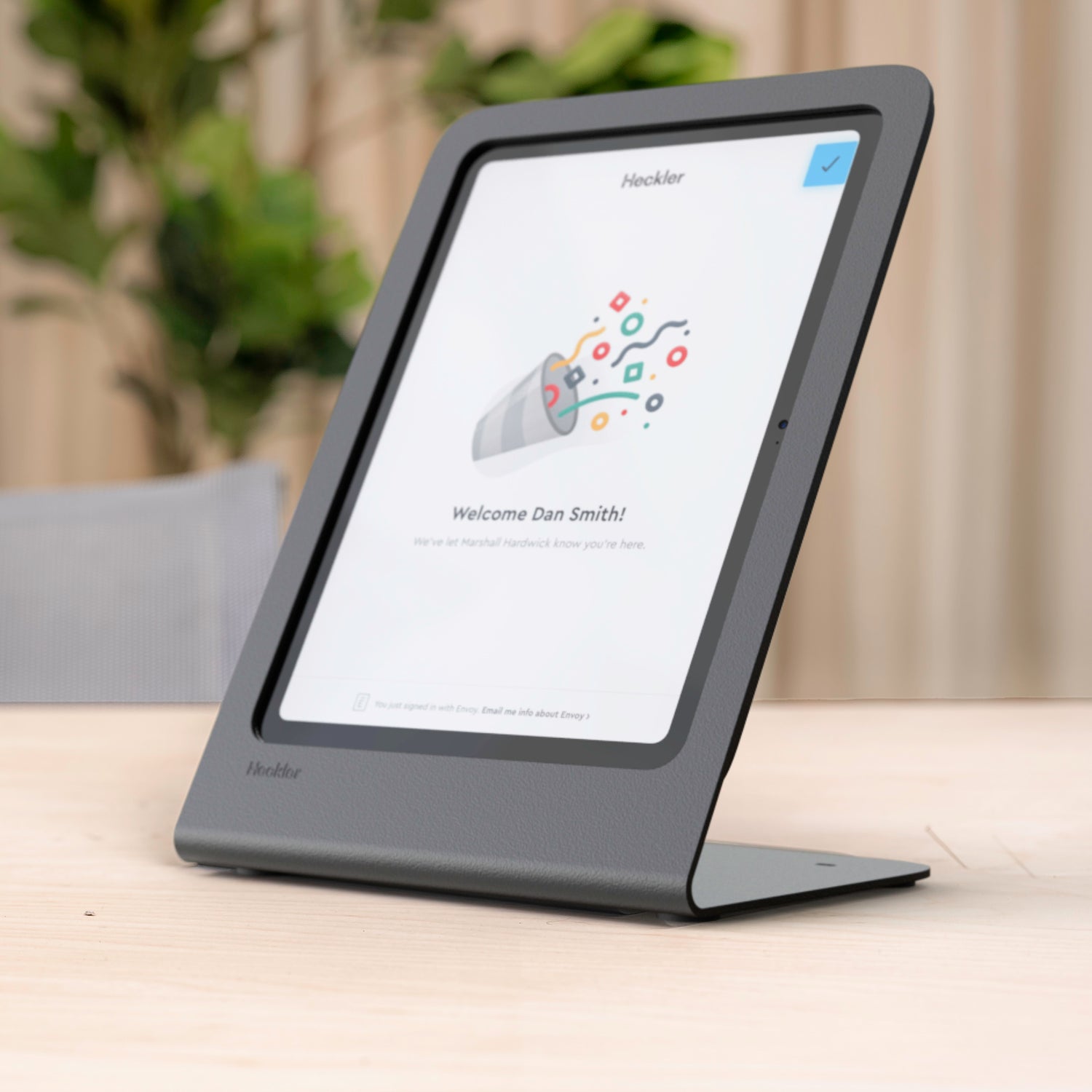 Heckler Portrait Stand for iPad with screen powered on