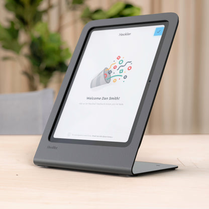 Heckler Portrait Stand for iPad with screen powered on