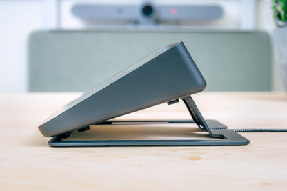 Heckler Stand for Logitech Tap installed on conference table with Logitech Tap displaying meeting interface