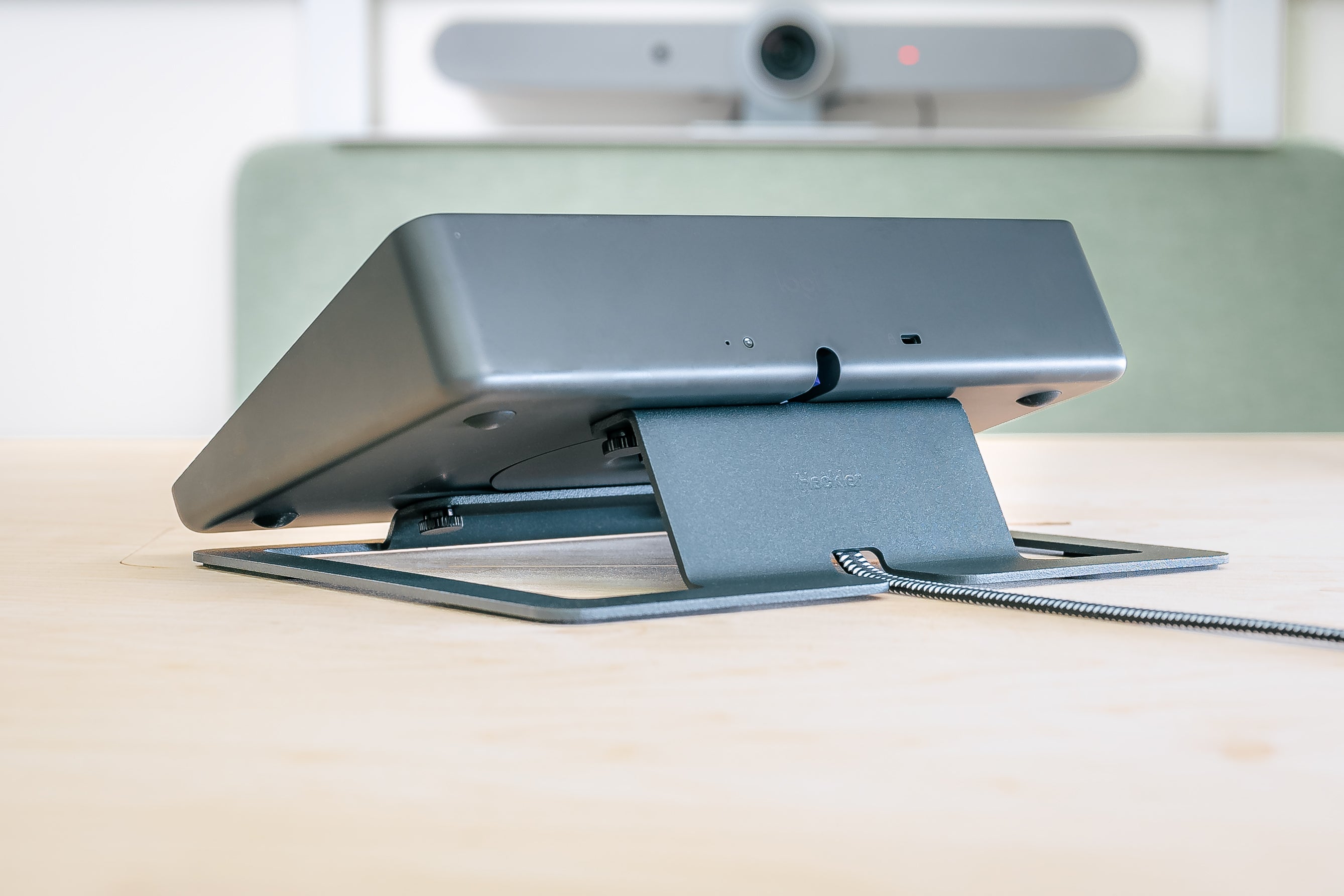 Heckler Stand for Logitech Tap, detail view showing medium-friction bumpers and steel construction