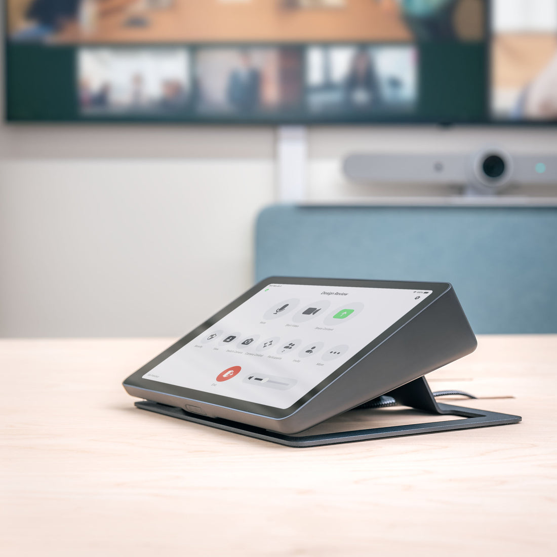 Heckler Stand for Logitech Tap, front view showing Tap raised to 30-degree angle on black powder-coated steel stand