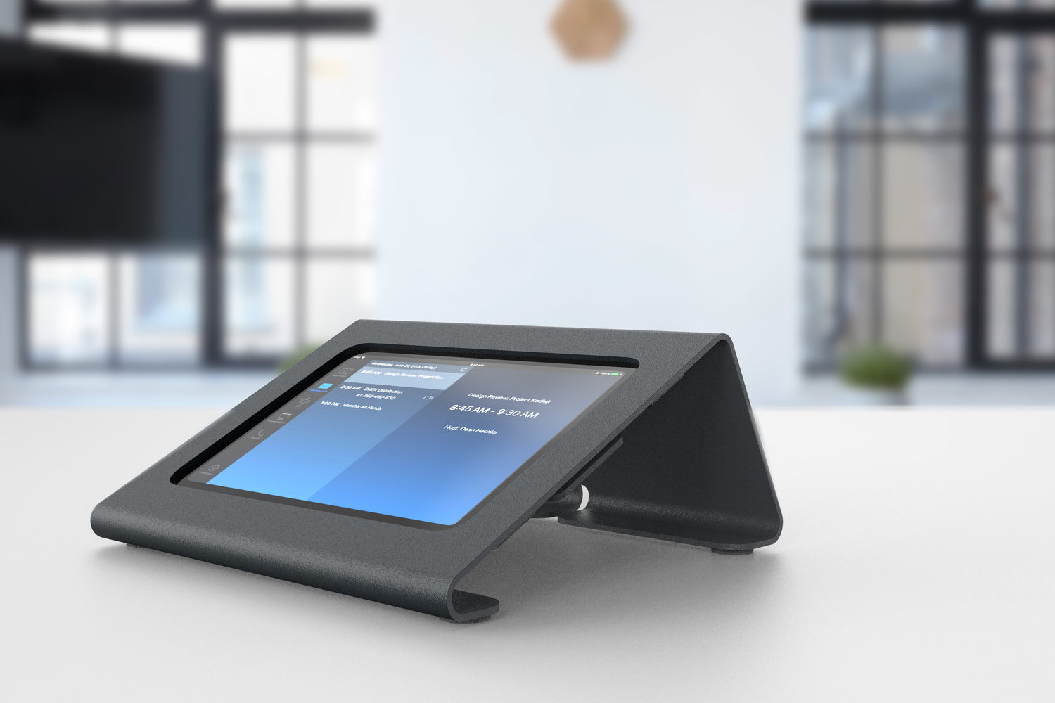 Heckler Meeting Room Console for iPad mini, lifestyle shot showing console in modern conference room setting