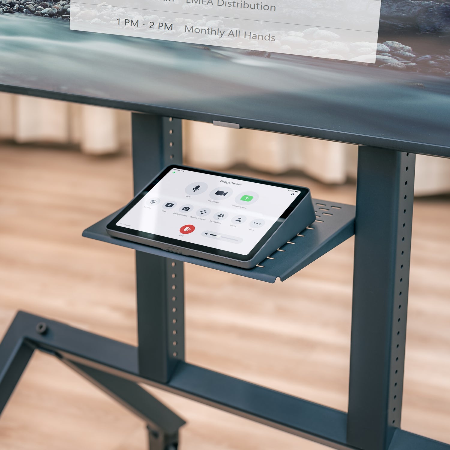 Control Shelf mounted on Heckler AV Cart with controller and display — front view
