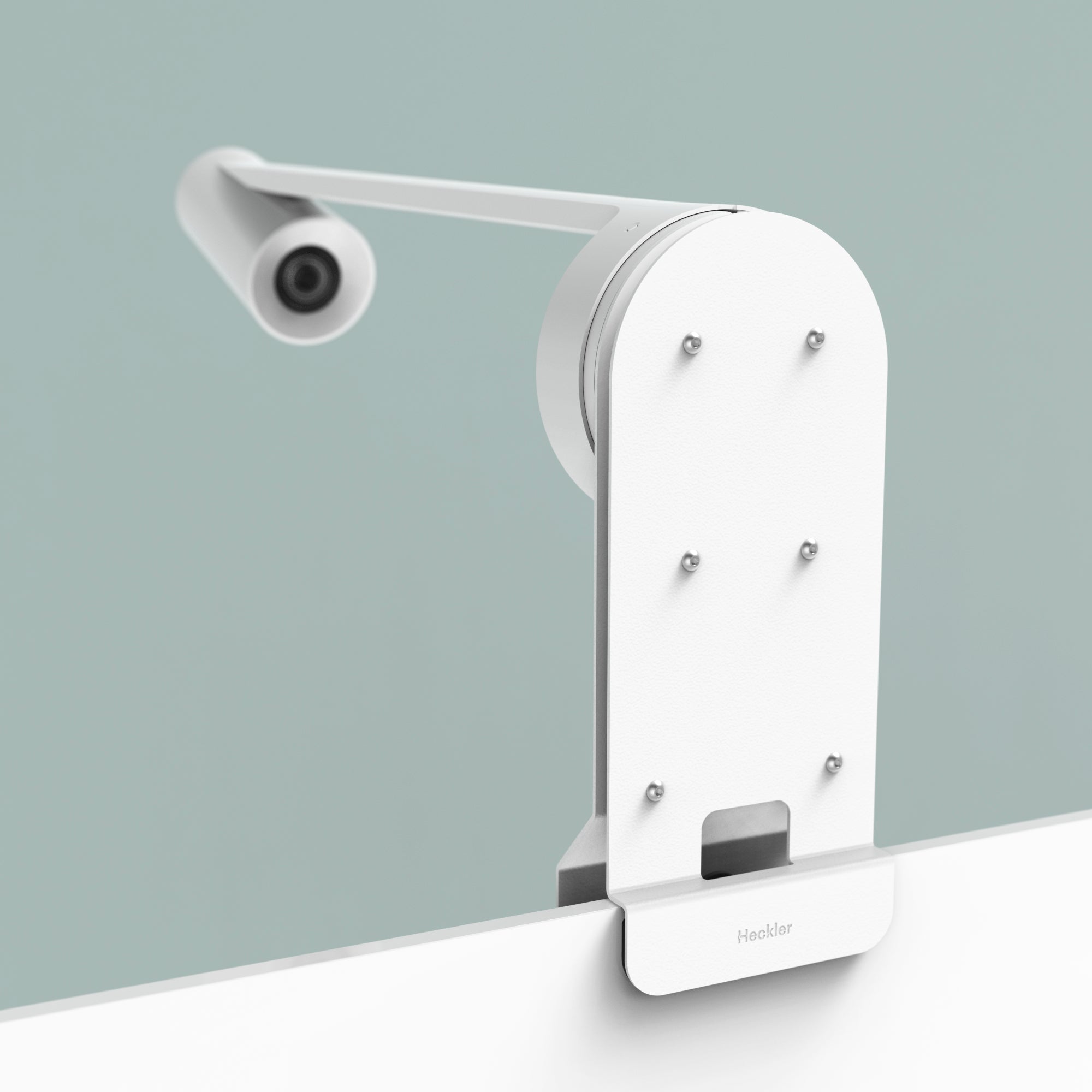 Heckler Whiteboard Mount installed on whiteboard with Logitech Scribe — meeting room