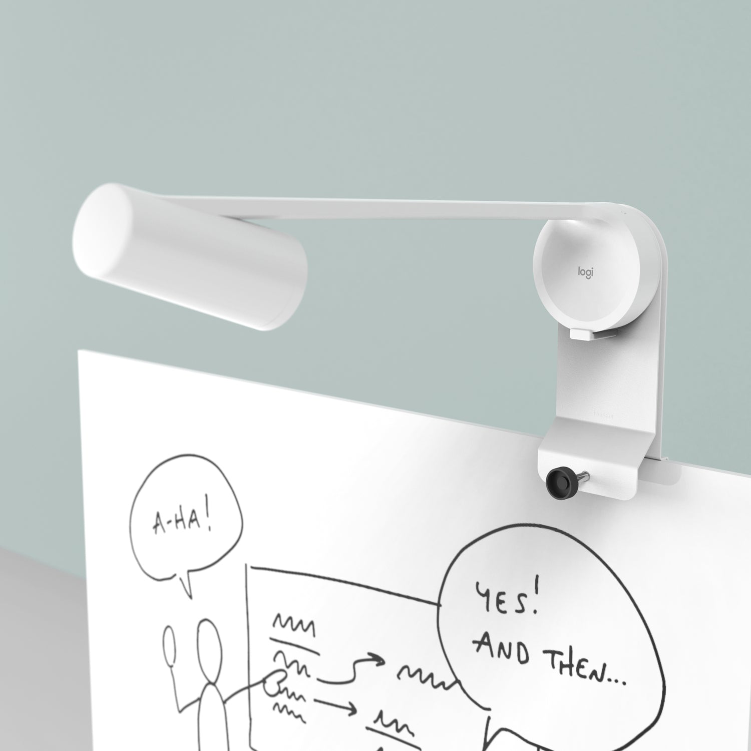 Heckler Whiteboard Mount with Logitech Scribe mounted on glass whiteboard