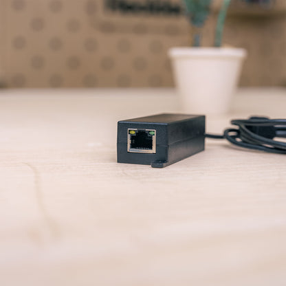 PoE to USB-C adapter T519, showing Ethernet input port and USB-C output cable